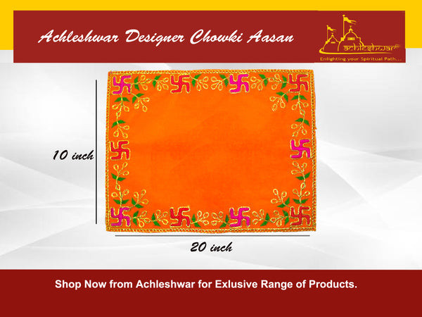 Designer Velvet Embroidered Pooja Aasan Cloth 10x20 inch Orange | Chowki Aasan for God Idol