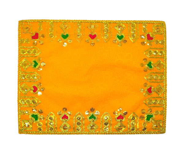 Designer Velvet Embroidered Pooja Aasan Cloth 10X16 inch Yellow | Chowki Aasan for God Idol