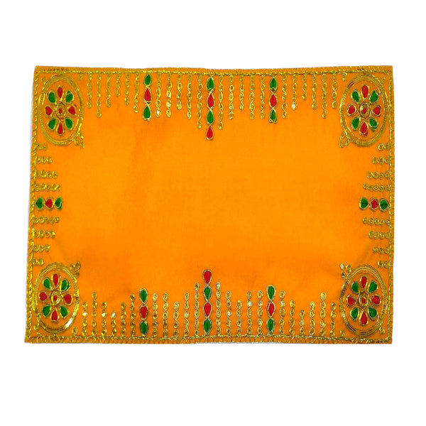 Designer Velvet Embroidered Pooja Aasan Cloth 10x16 inch Yellow | Chowki Aasan for God Idol