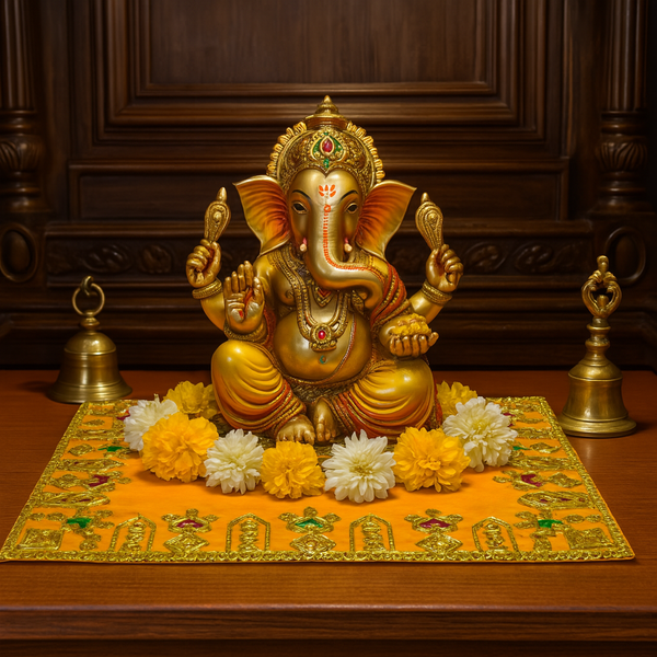 Designer Velvet Embroidered Pooja Aasan Cloth 10X16 inch Yellow | Chowki Aasan for God Idol