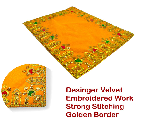 Designer Velvet Embroidered Pooja Aasan Cloth 10X16 inch Yellow | Chowki Aasan for God Idol