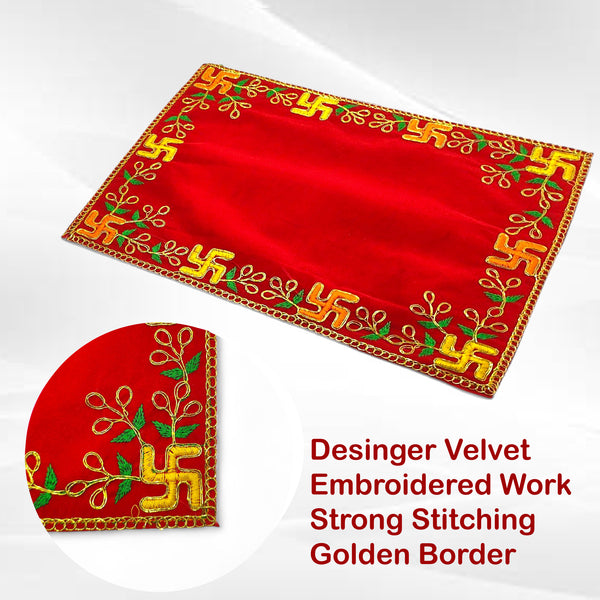 Designer Velvet Embroidered Pooja Aasan Cloth 10X16 inch RED | Chowki Aasan for God Idol