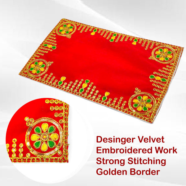 Designer Velvet Embroidered Pooja Aasan Cloth 10x16 inch RED | Chowki Aasan for God Idol