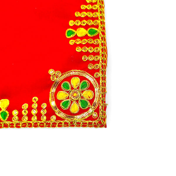 Designer Velvet Embroidered Pooja Aasan Cloth 10x16 inch RED | Chowki Aasan for God Idol