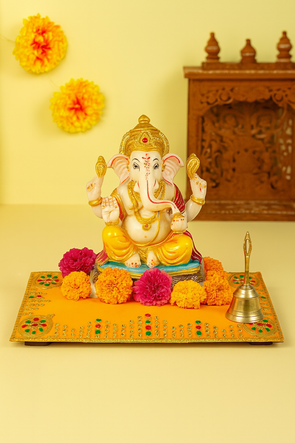 Designer Velvet Embroidered Pooja Aasan Cloth 10x16 inch Yellow | Chowki Aasan for God Idol