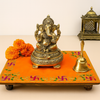 Designer Velvet Embroidered Pooja Aasan Cloth 4X6 inch Orange | Chowki Aasan for God Idol