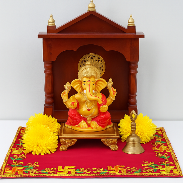 Designer Velvet Embroidered Pooja Aasan Cloth 10X16 inch RED | Chowki Aasan for God Idol