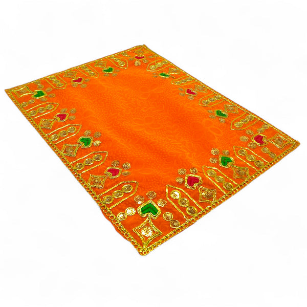 Designer Velvet Embroidered Pooja Aasan Cloth 10X16 inch ORANGE | Chowki Aasan for God Idol