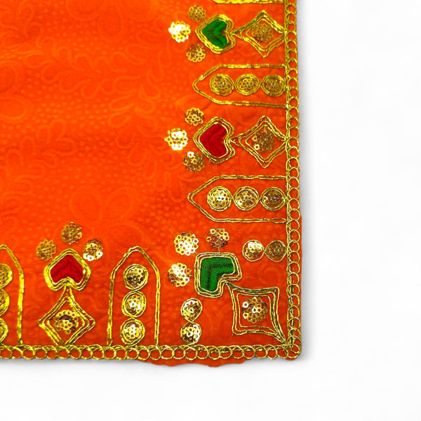 Designer Velvet Embroidered Pooja Aasan Cloth 10X16 inch ORANGE | Chowki Aasan for God Idol