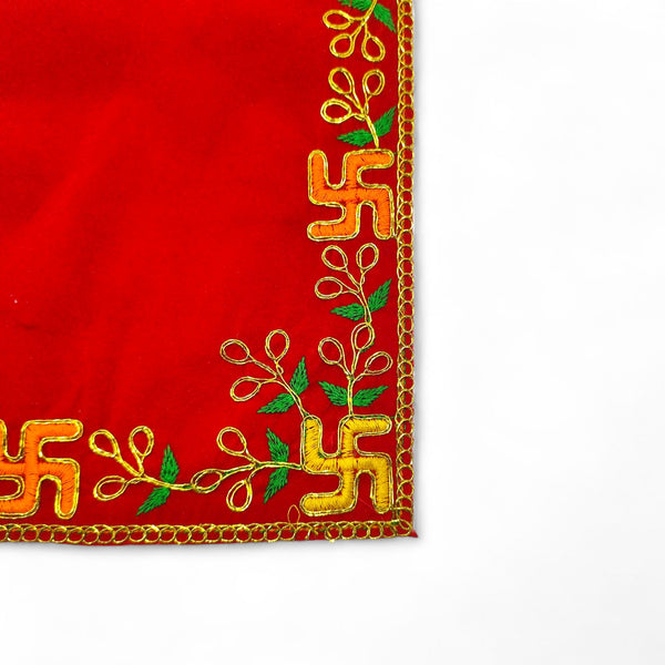Designer Velvet Embroidered Pooja Aasan Cloth 10X16 inch RED | Chowki Aasan for God Idol