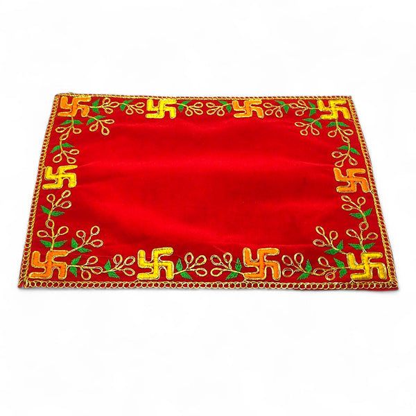 Designer Velvet Embroidered Pooja Aasan Cloth 10X16 inch RED | Chowki Aasan for God Idol