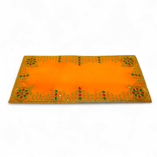 Designer Velvet Embroidered Pooja Aasan Cloth 10x16 inch Yellow | Chowki Aasan for God Idol
