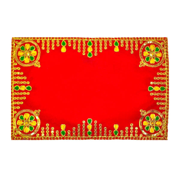 Designer Velvet Embroidered Pooja Aasan Cloth 10x16 inch RED | Chowki Aasan for God Idol