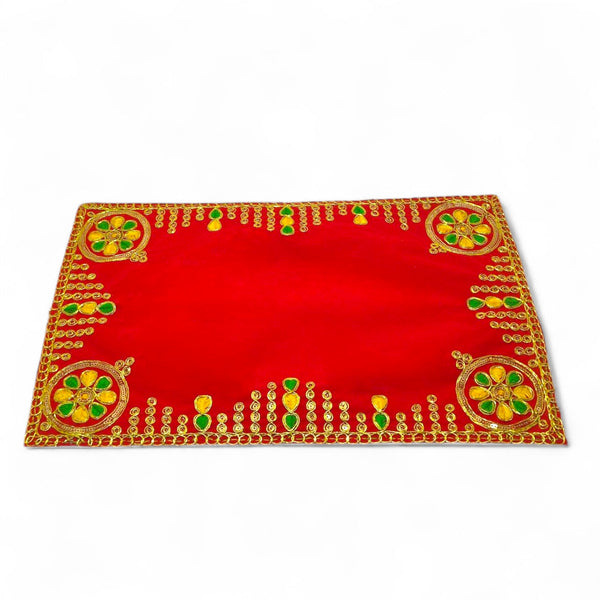Designer Velvet Embroidered Pooja Aasan Cloth 10x16 inch RED | Chowki Aasan for God Idol